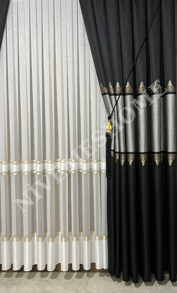 NİVEMESHOME ALTIN DOKULU 3480612 1/3 SIK PİLELİ TÜL PERDE APM