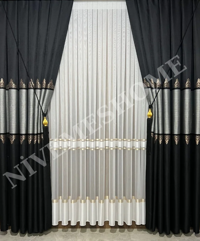 NİVEMESHOME ALTIN DOKULU 3480612 1/3 SIK PİLELİ TÜL PERDE APM