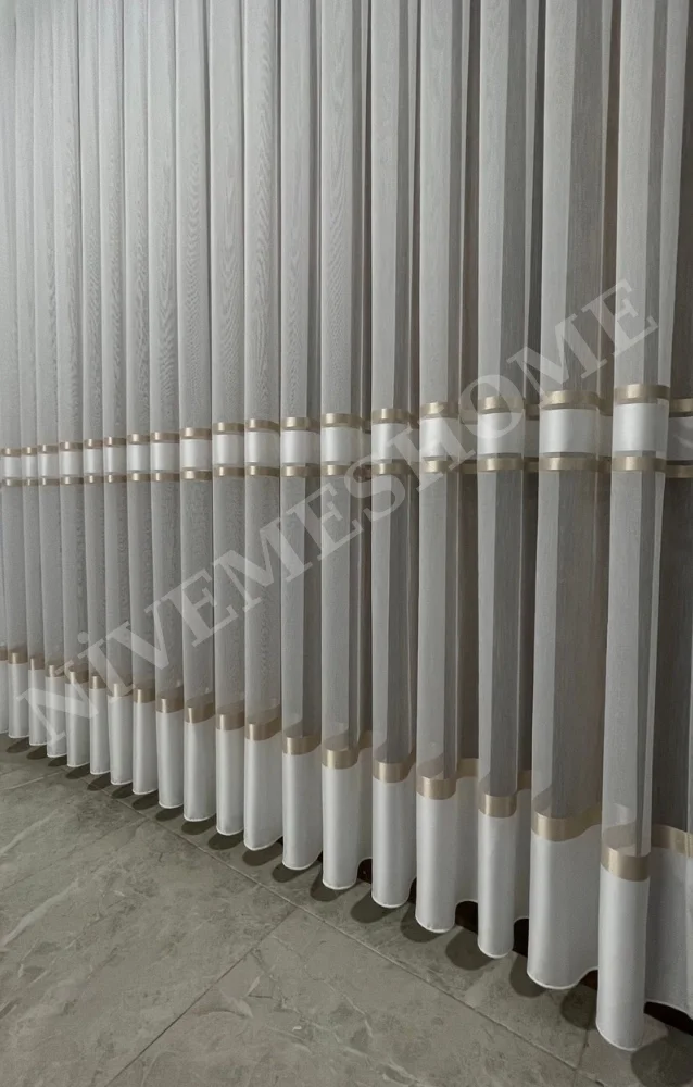 NİVEMESHOME ALTIN DOKULU 3480612 1/3 SIK PİLELİ TÜL PERDE APM