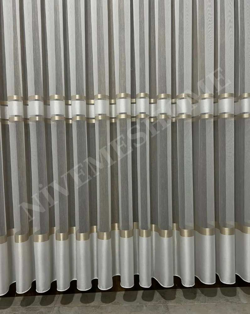 NİVEMESHOME ALTIN DOKULU 3480612 1/3 SIK PİLELİ TÜL PERDE APM