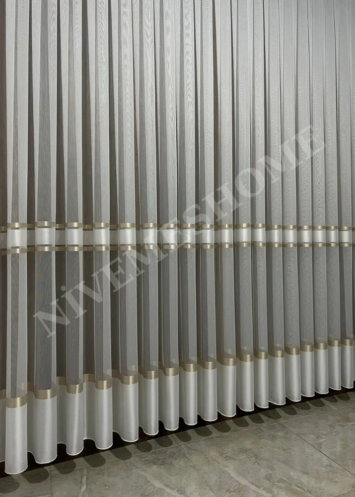 NİVEMESHOME ALTIN DOKULU 3480612 1/3 SIK PİLELİ TÜL PERDE APM