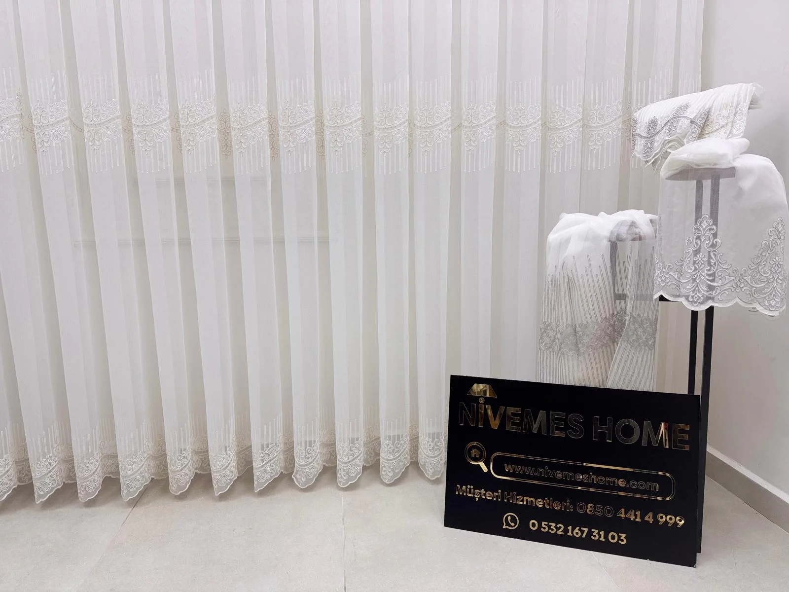 NİVEMESHOME ALTIN DOKULU DSN:2503 V-117 PREMİUM NAKIŞLI 1/3 SIK PİLELİ TÜL PERDE APM
