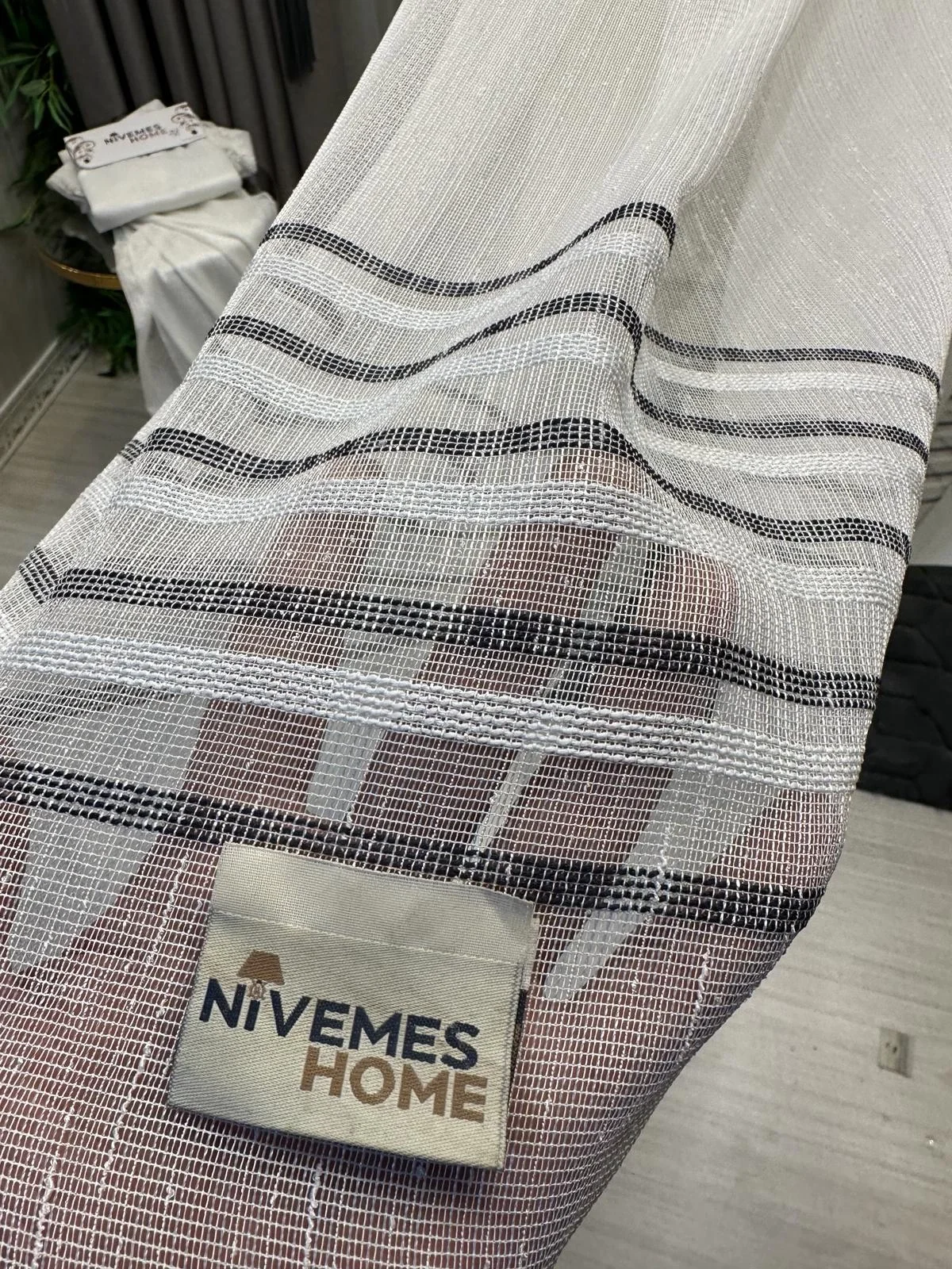 NİVEMESHOME ARYA SİYAH ŞERİTLİ 1/3 SIK PİLELİ TÜL PERDE APM