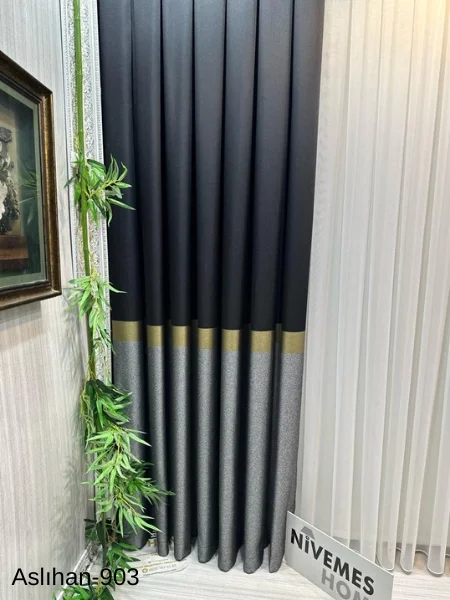 NİVEMESHOME ASLIHAN BLACK-GOLD FT632116 V-903 1/3 DENSE PILE CURTAIN APM