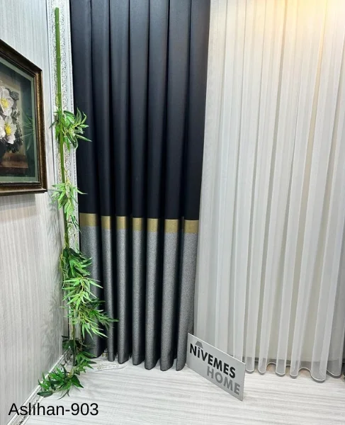 NİVEMESHOME ASLIHAN BLACK-GOLD FT632116 V-903 1/3 DENSE PILE CURTAIN APM