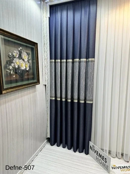 NİVEMESHOME DEFNE LACİVERT FT614166 V-507 1/3 SIK PİLELİ FON PERDE APM