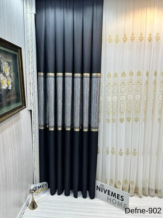 NİVEMESHOME DEFNE SİYAH FT614166 V-902 1/3 SIK PİLELİ FON PERDE APM