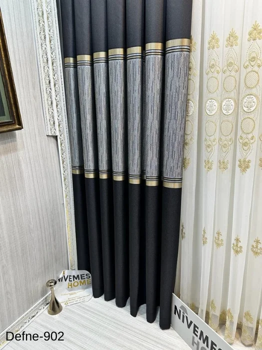 NİVEMESHOME DEFNE SİYAH FT614166 V-902 1/3 SIK PİLELİ FON PERDE APM