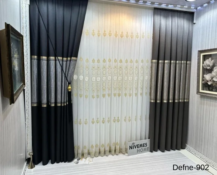 NİVEMESHOME DEFNE SİYAH FT614166 V-902 1/3 SIK PİLELİ FON PERDE APM