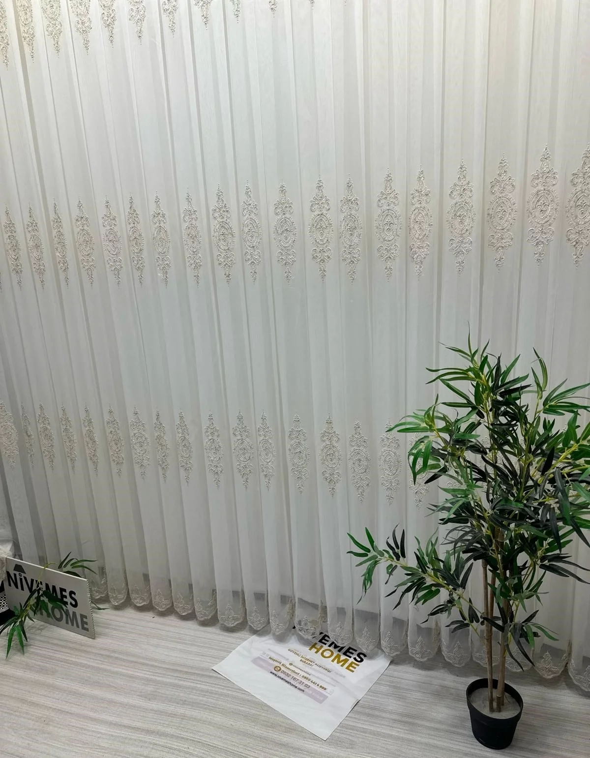NİVEMESHOME DİLA 2032 GOLD DETAILED 1/3 TIGHT PLEATED TULLE CURTAIN APM