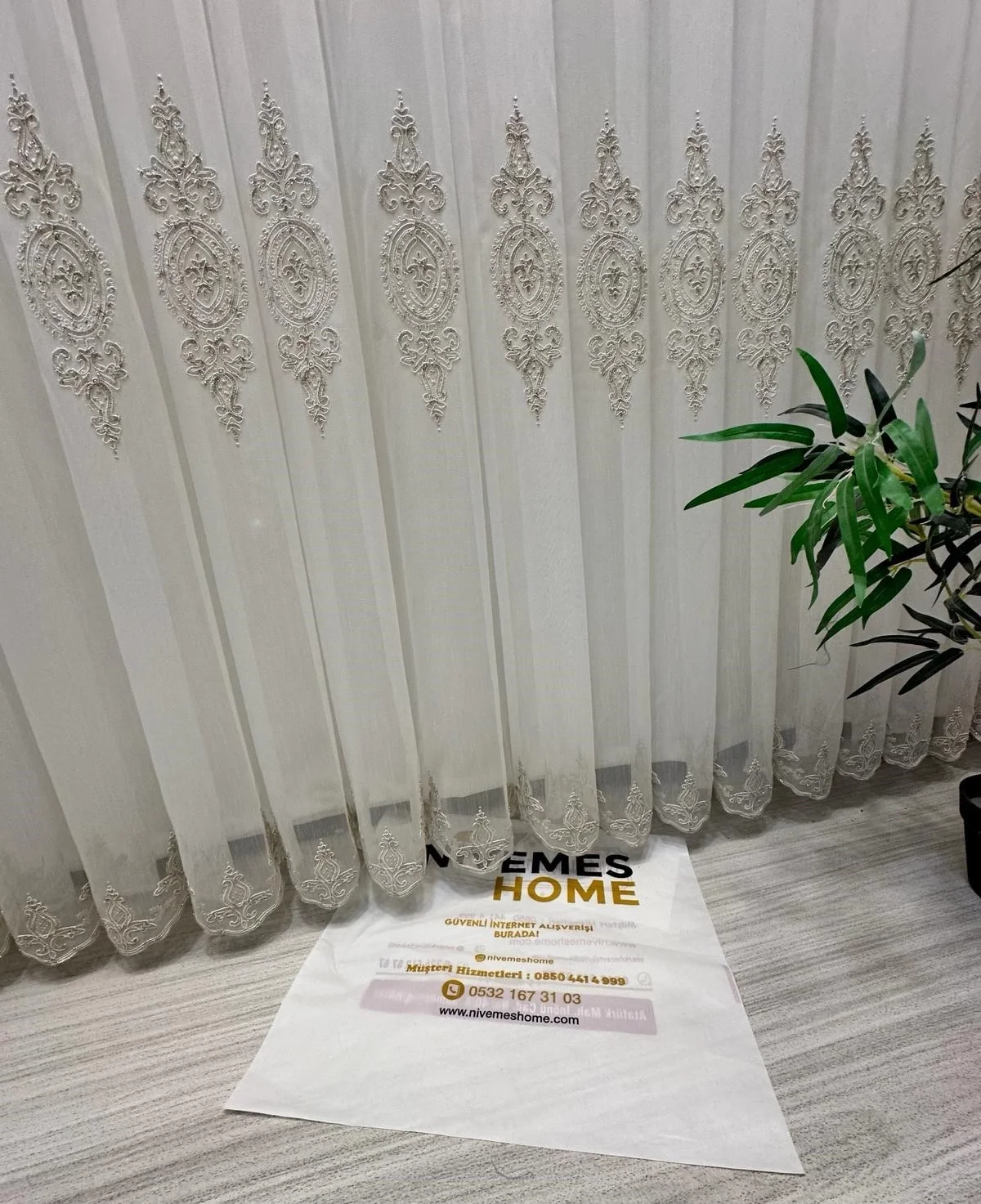 NİVEMESHOME DİLA 2032 GOLD DETAILED 1/3 TIGHT PLEATED TULLE CURTAIN APM