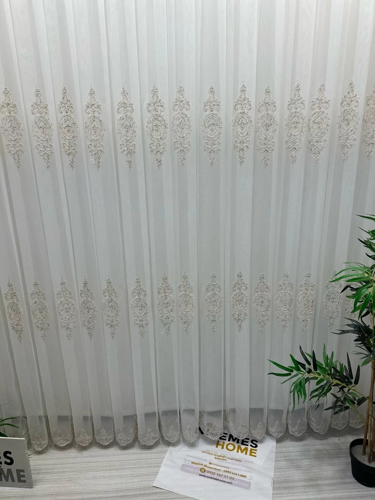 NİVEMESHOME DİLA 2032 GOLD DETAILED 1/3 TIGHT PLEATED TULLE CURTAIN APM