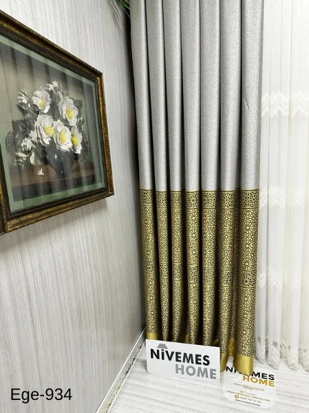 NİVEMESHOME EGE GRİ- GOLD FIR1240 V-934  1/3 SIK PİLELİ FON PERDE APM