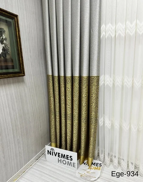 NİVEMESHOME EGE GRİ- GOLD FIR1240 V-934  1/3 SIK PİLELİ FON PERDE APM