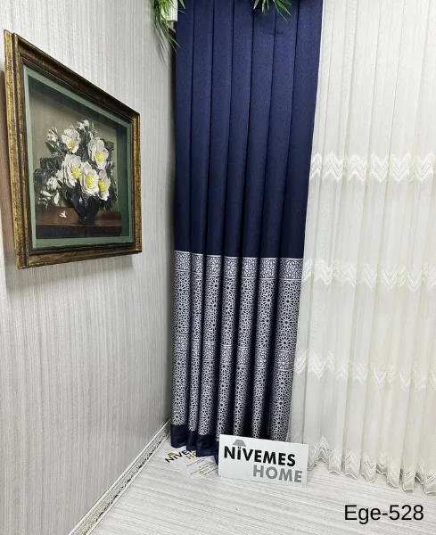 NİVEMESHOME EGE LACİVERT FIR1240 V-528  1/3 SIK PİLELİ FON PERDE APM