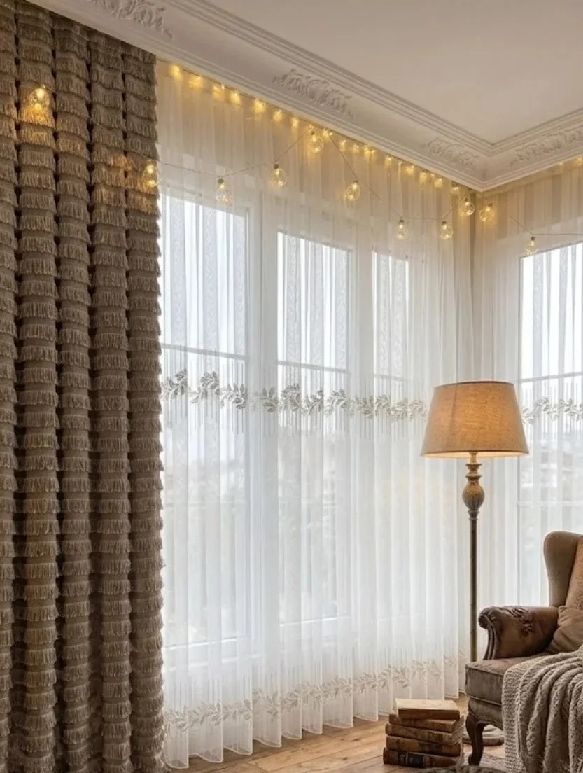NİVEMESHOME EYLÜLZADE GOLD DETAY 1/3  PİLELİ TÜL PERDE APM