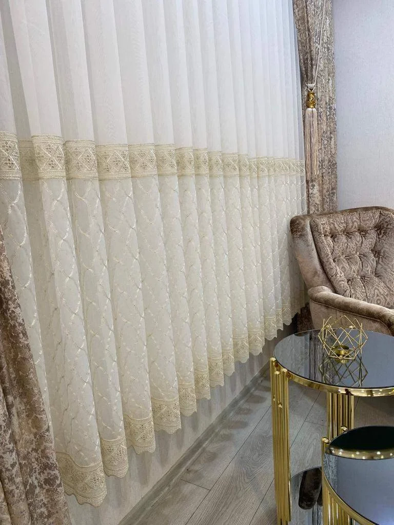 NİVEMESHOME GOLD LAGUNA ETEK NAKIŞLI 1/3 SIK PİLE TÜL PERDE APM