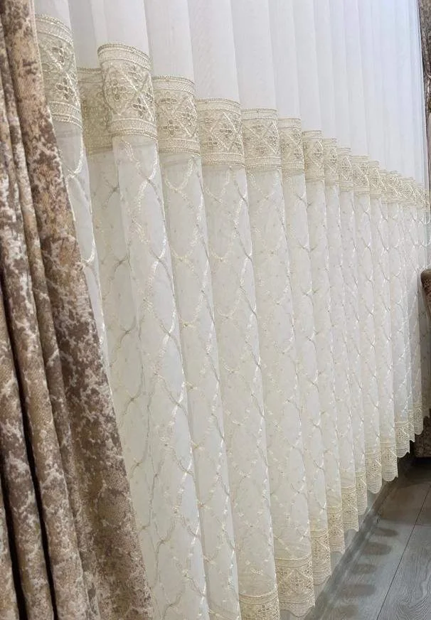 NİVEMESHOME GOLD LAGUNA ETEK NAKIŞLI 1/3 SIK PİLE TÜL PERDE APM