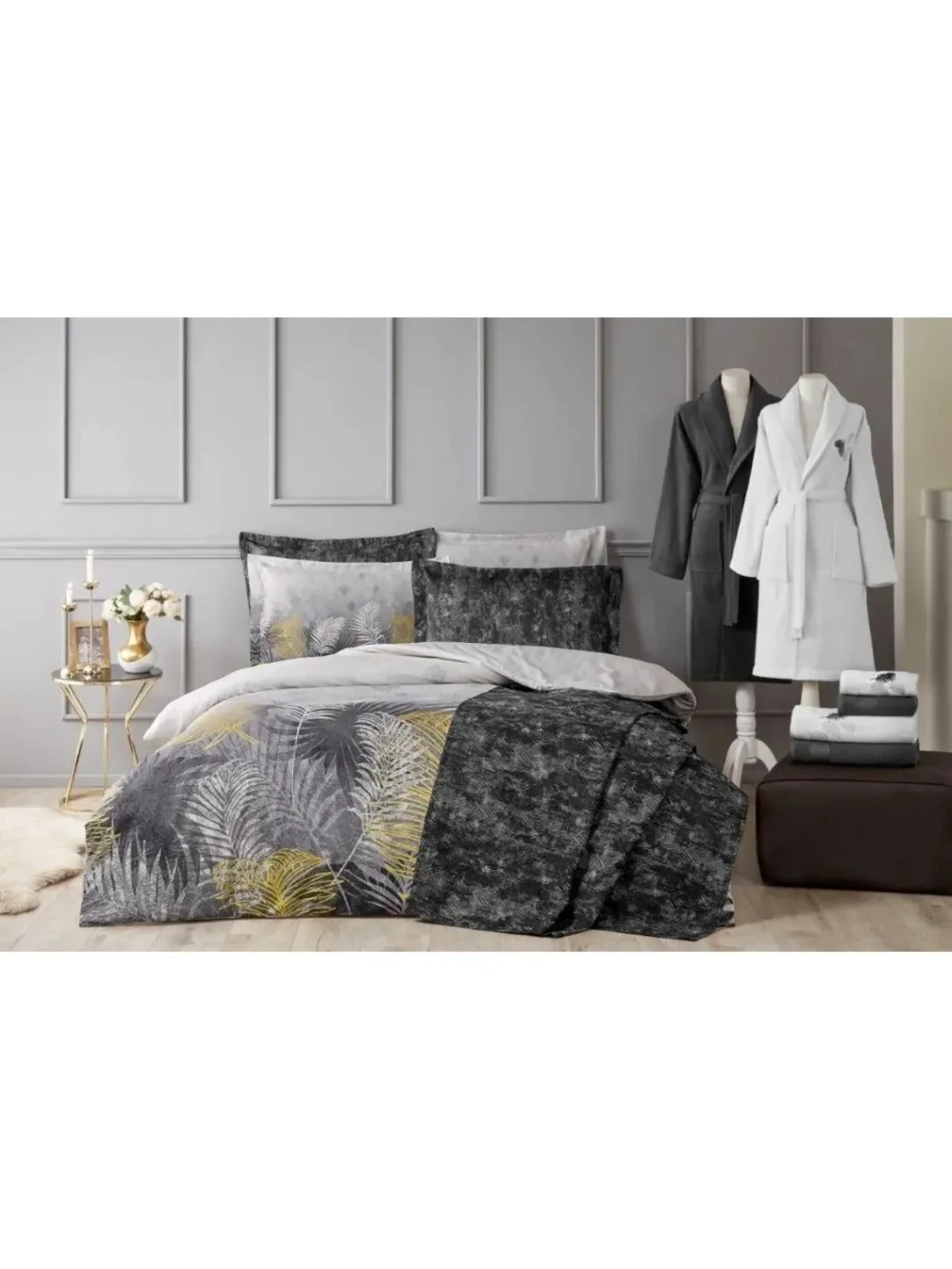 NIVEMESHOME GOLDEN PALM ЧЁРНЫЙ КОНЦЕПТ SET ДНЕВНОЙ НАБОР ДЛЯ ПОСТЕЛЬГ ОДЮРЮ ДЛЯ ВЕНЧАНИЯ ОЗДИЛЕК