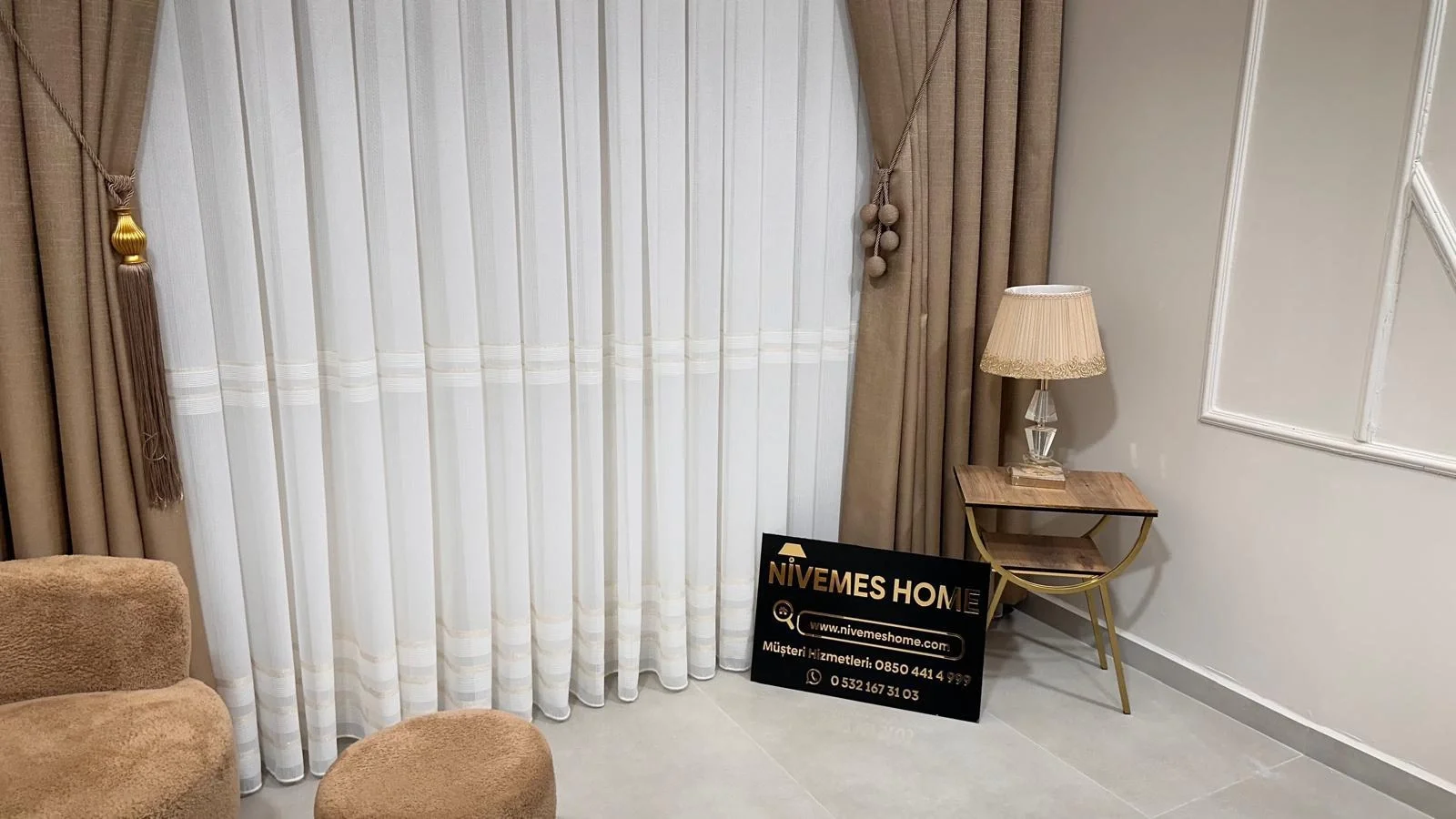 NİVEMESHOME HAVEN 3023 GOLD DETAYLI 1/2,5 SIK PİLELİ TÜL PERDE APM