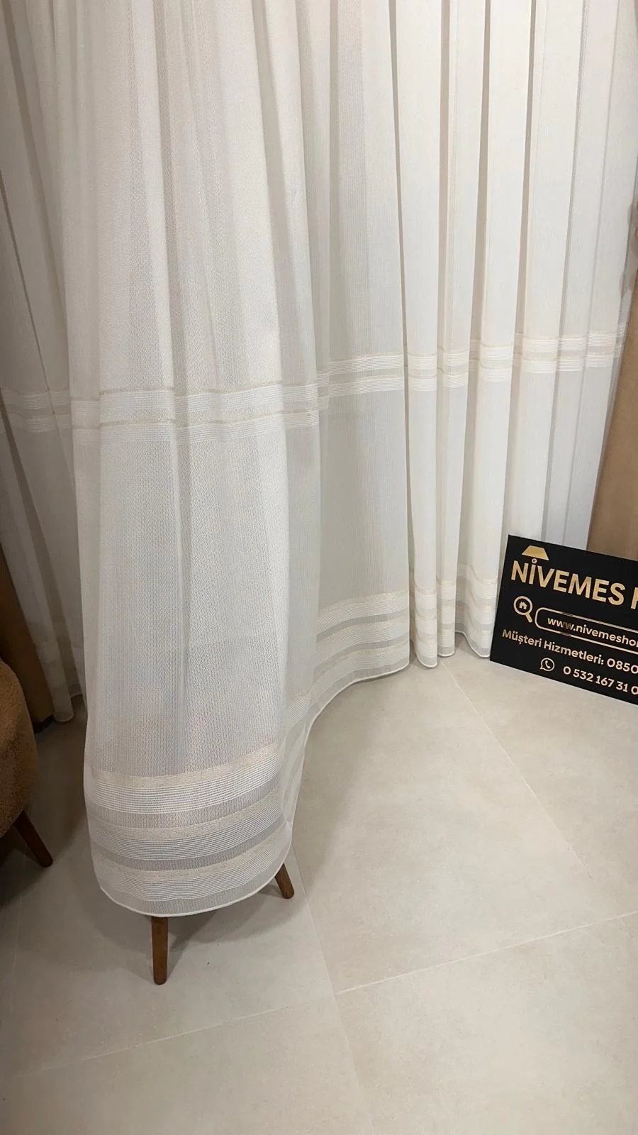 NİVEMESHOME HAVEN 3023 GOLD DETAYLI 1/3 SIK PİLELİ TÜL PERDE APM