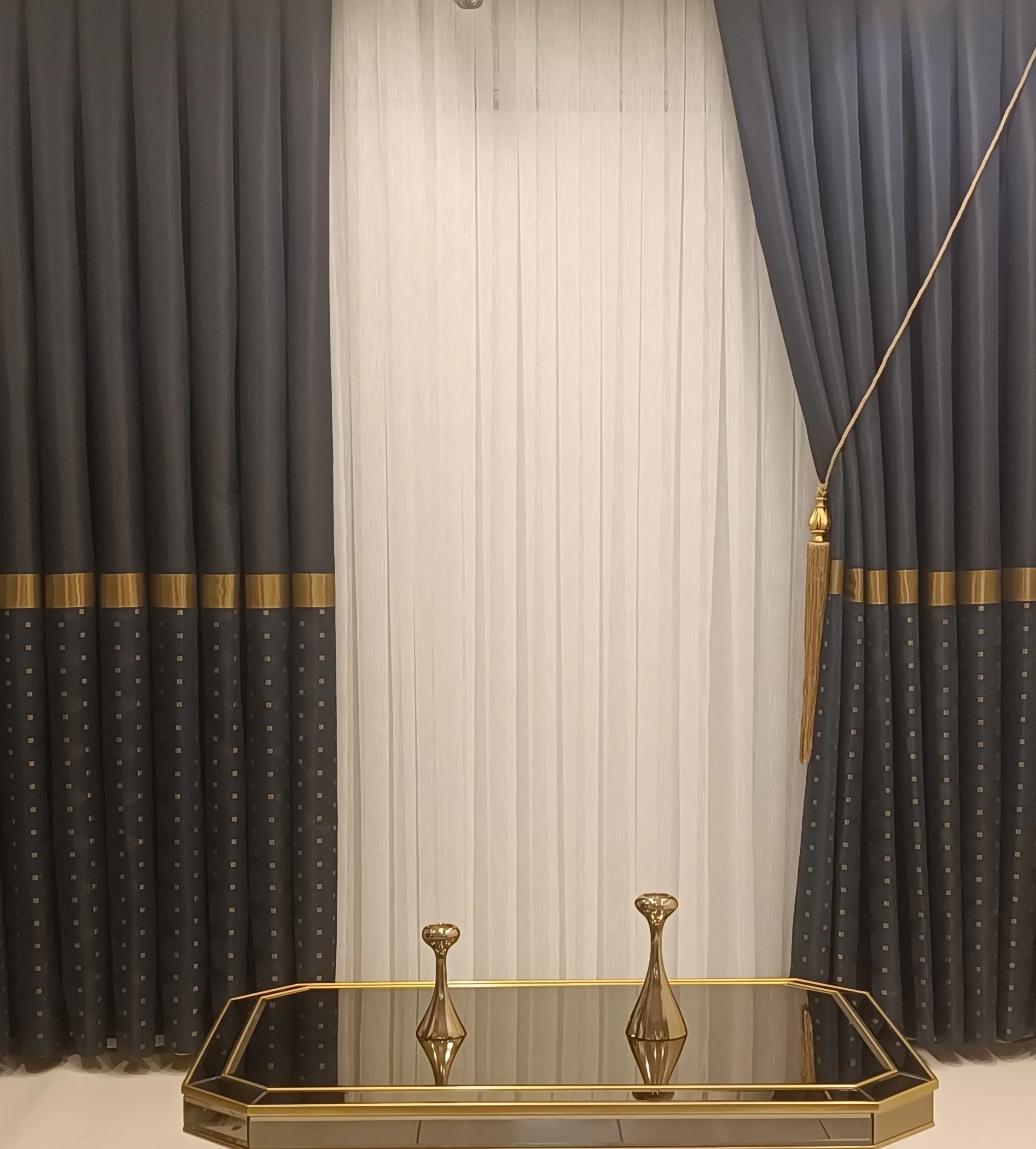 NİVEMESHOME JEWELS LACİVERT-GOLD 1/3 SIK PİLE FON PERDE APM