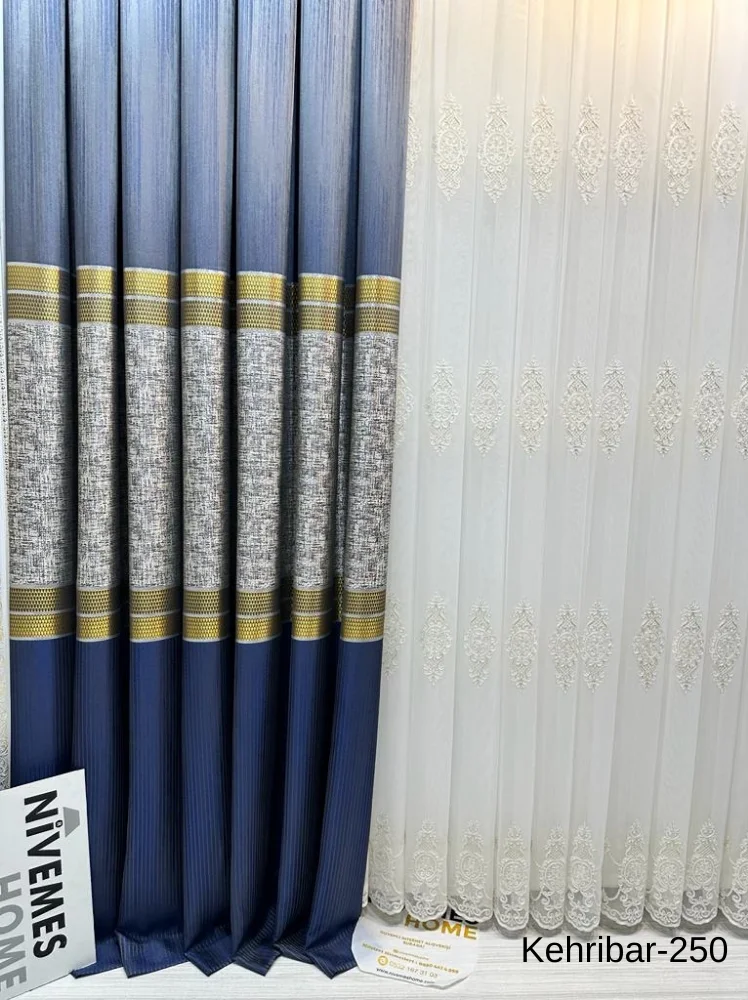 NİVEMESHOME KEHRİBAR FT614162 LACİVERT V-250 1/3 SIK PİLELİ FON PERDE APM