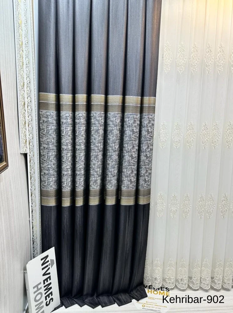 NİVEMESHOME AMBER FT614162 BLACK V-902 PANEL BACKGROUND CURTAIN 1/3 TIGHTLY PATTERNED CURTAIN APM