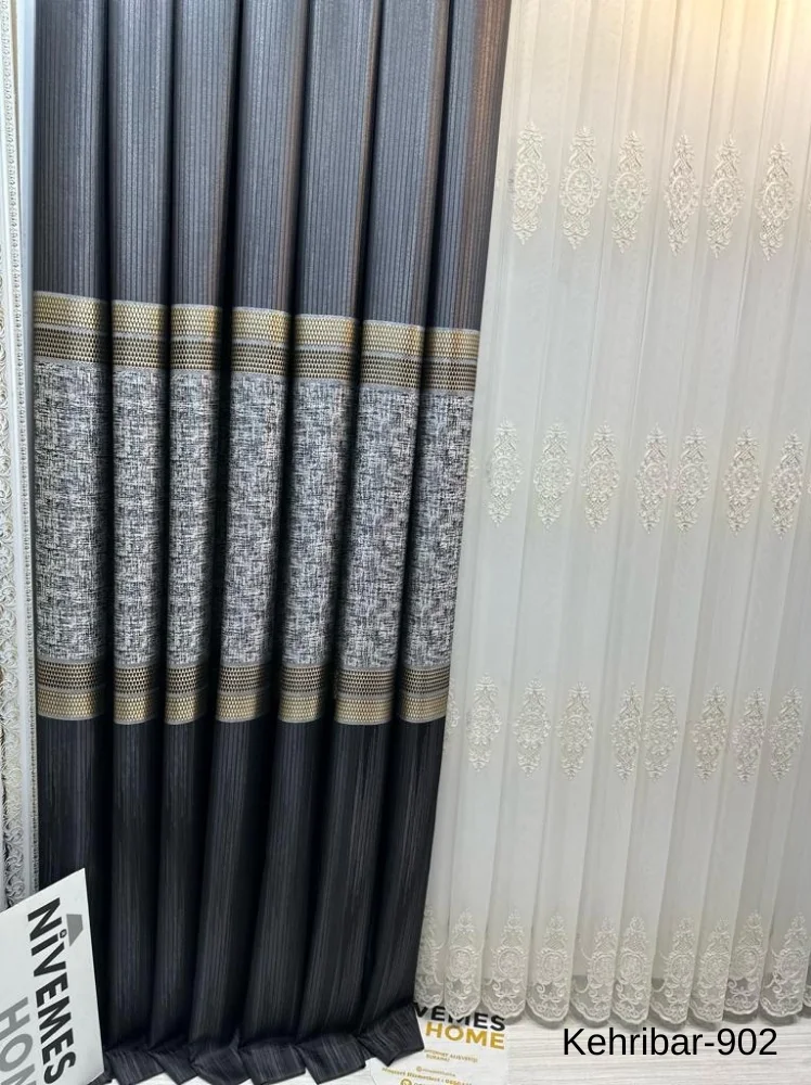 NİVEMESHOME AMBER FT614162 BLACK V-902 PANEL BACKGROUND CURTAIN 1/3 TIGHTLY PATTERNED CURTAIN APM