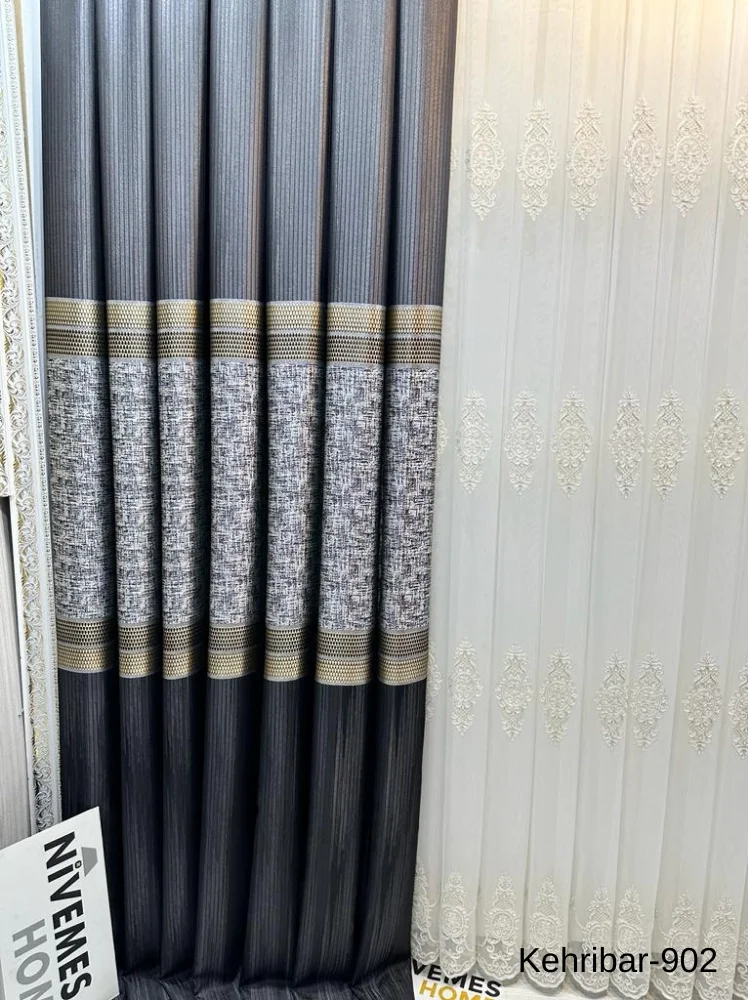 NİVEMESHOME AMBER FT614162 BLACK V-902 PANEL BACKGROUND CURTAIN 1/3 TIGHTLY PATTERNED CURTAIN APM