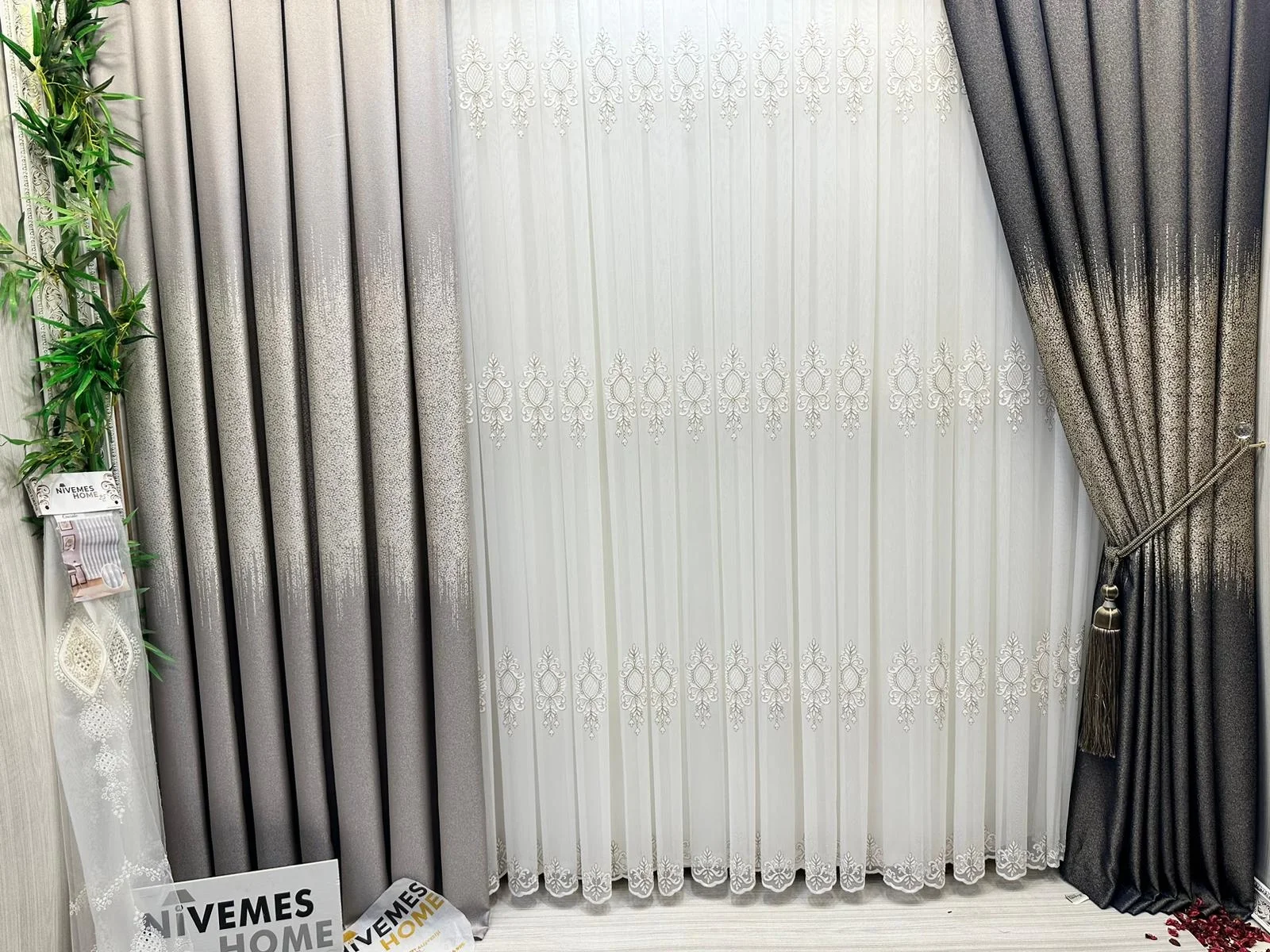 NIVEMESHOME LANTANA GOLD DETAILED 1/3 DENSE PLEATED TULLE CURTAIN APM