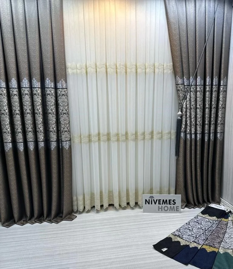 NİVEMESHOME LARİSSA H5451 GOLD DETAILED 1/3 TIGHT PLEATED TULLE CURTAIN APM