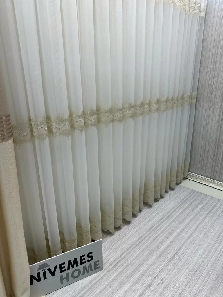 NİVEMESHOME LARİSSA H5451 GOLD DETAILED 1/3 TIGHT PLEATED TULLE CURTAIN APM