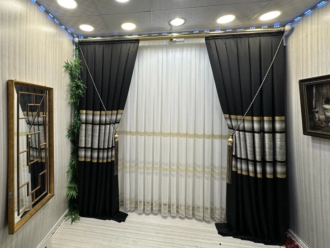 NIVEMESHOME LOTUS GOLD EMBROIDERED 1/2.5 WIDE PLEATED TULLE CURTAIN APM