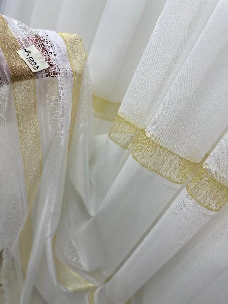 NİVEMESHOME LOTUS GOLD EMBROIDERED 1/3 DENSE PLEATED TULLE CURTAIN