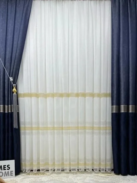 NİVEMESHOME LOTUS GOLD İŞLEMELİ 1/3 SIK PİLELİ TÜLLÜ PERDE