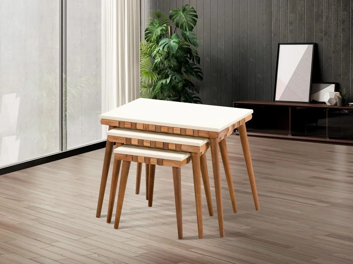 NİVEMESHOME MILANO WALNUT-CREAM ZIGON SIDE TABLE