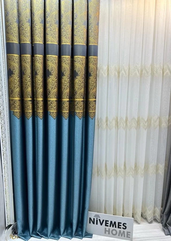 NİVEMESHOME MİLAS TURKUAZ-GOLD 671539 1/3 SIK PİLELİ FON PERDE APM