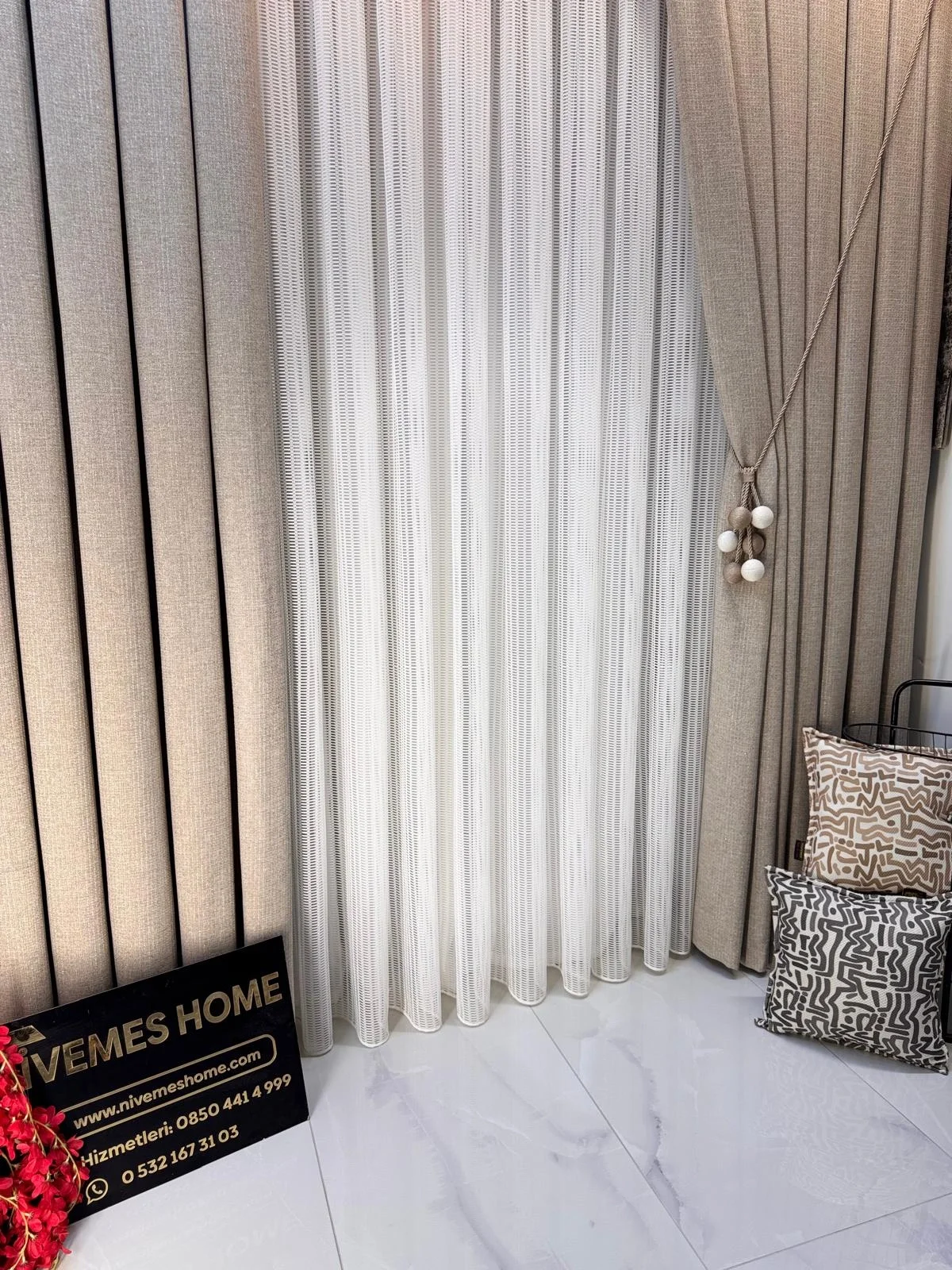NİVEMESHOME MONOLİT FİLE EKRU 1/3 PİLELİ TÜL PERDE APM