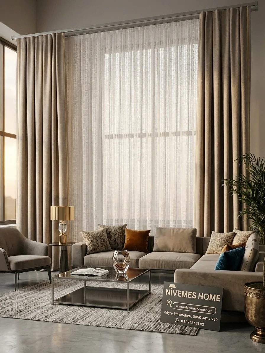 NİVEMESHOME MONOLİT FİLE EKRU 1/3 PİLELİ TÜL PERDE APM