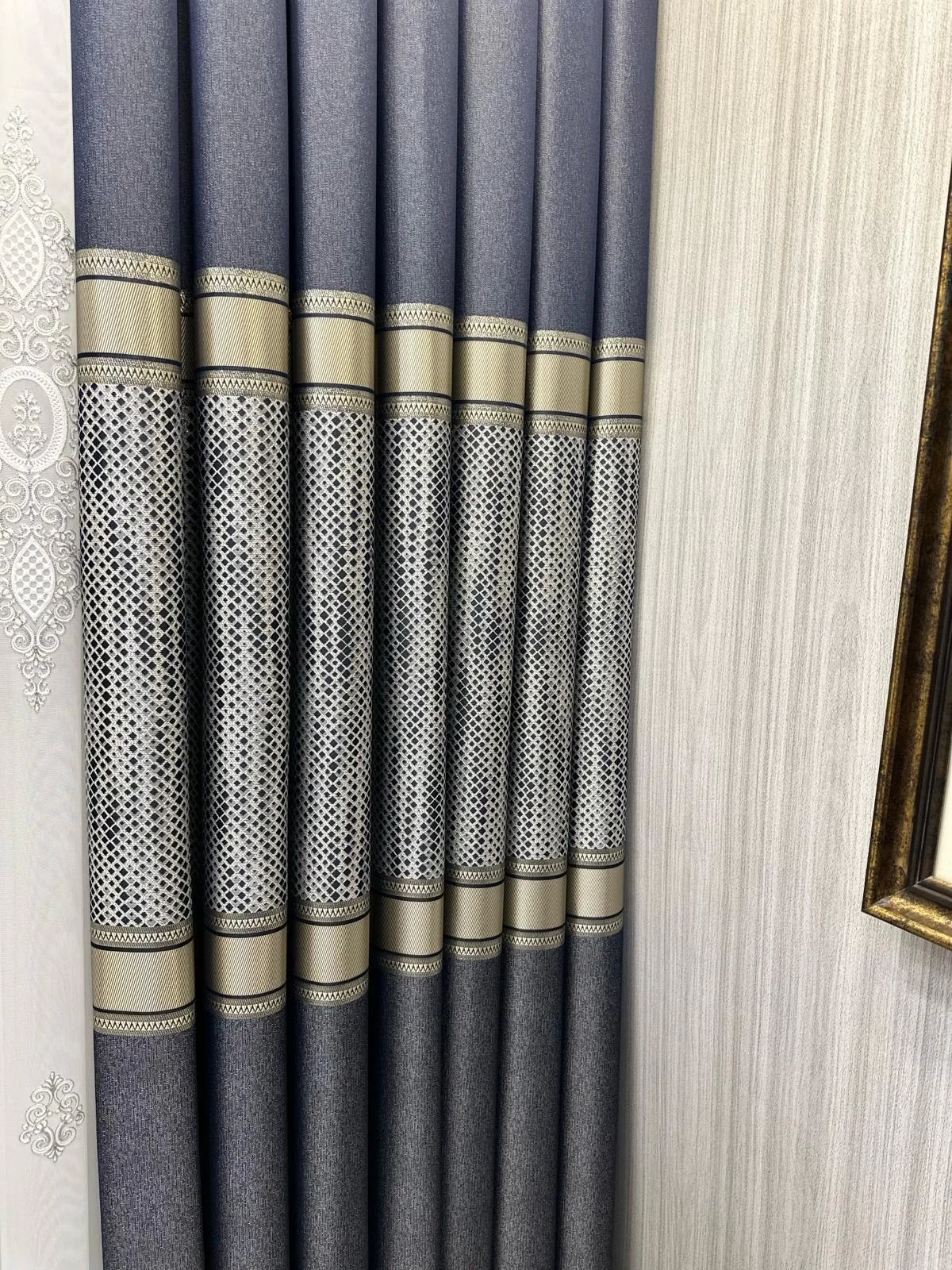 NİVEMESHOME MOZAİK FT614163 V-502 LACİVERT 1/3 SIK PİLELİ FON PERDE APM