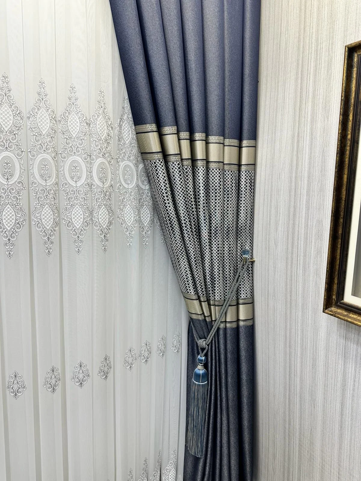 NİVEMESHOME MOZAİK FT614163 V-502 LACİVERT 1/3 SIK PİLELİ FON PERDE APM