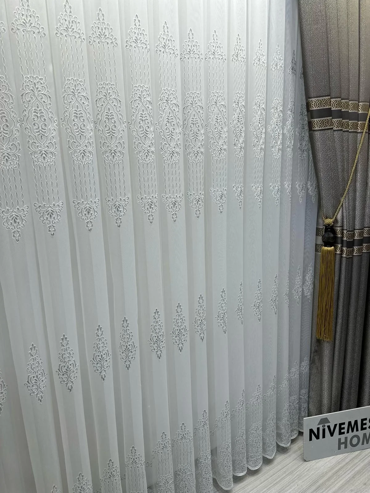 NİVEMESHOME SPARKLING SILVER DETAILED 1/3 THICK PLEATED TULLE CURTAIN APM