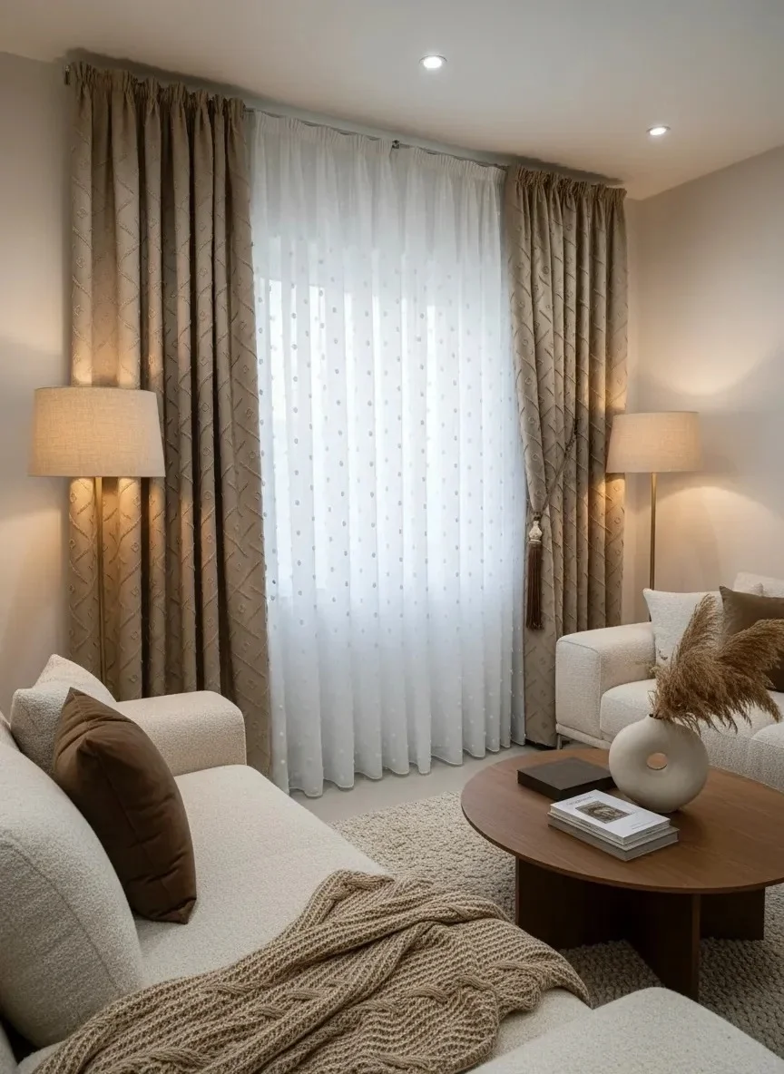 NİVEMESHOME PUFY 1-006 TAM DESEN  EKRU  1/3 PİLELİ TÜL PERDE