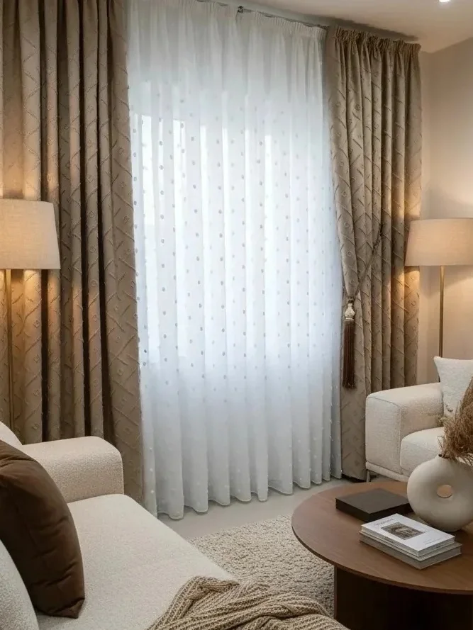 NİVEMESHOME PUFY 1-006 TAM DESEN EKRU 1/3 PİLELİ TÜL PERDE
