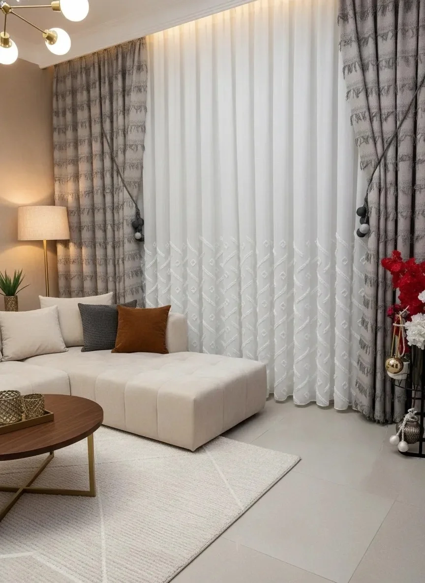 NİVEMESHOME SEDEF 1-094P YARI DESEN EKRU  1/3 PİLELİ TÜL PERDE