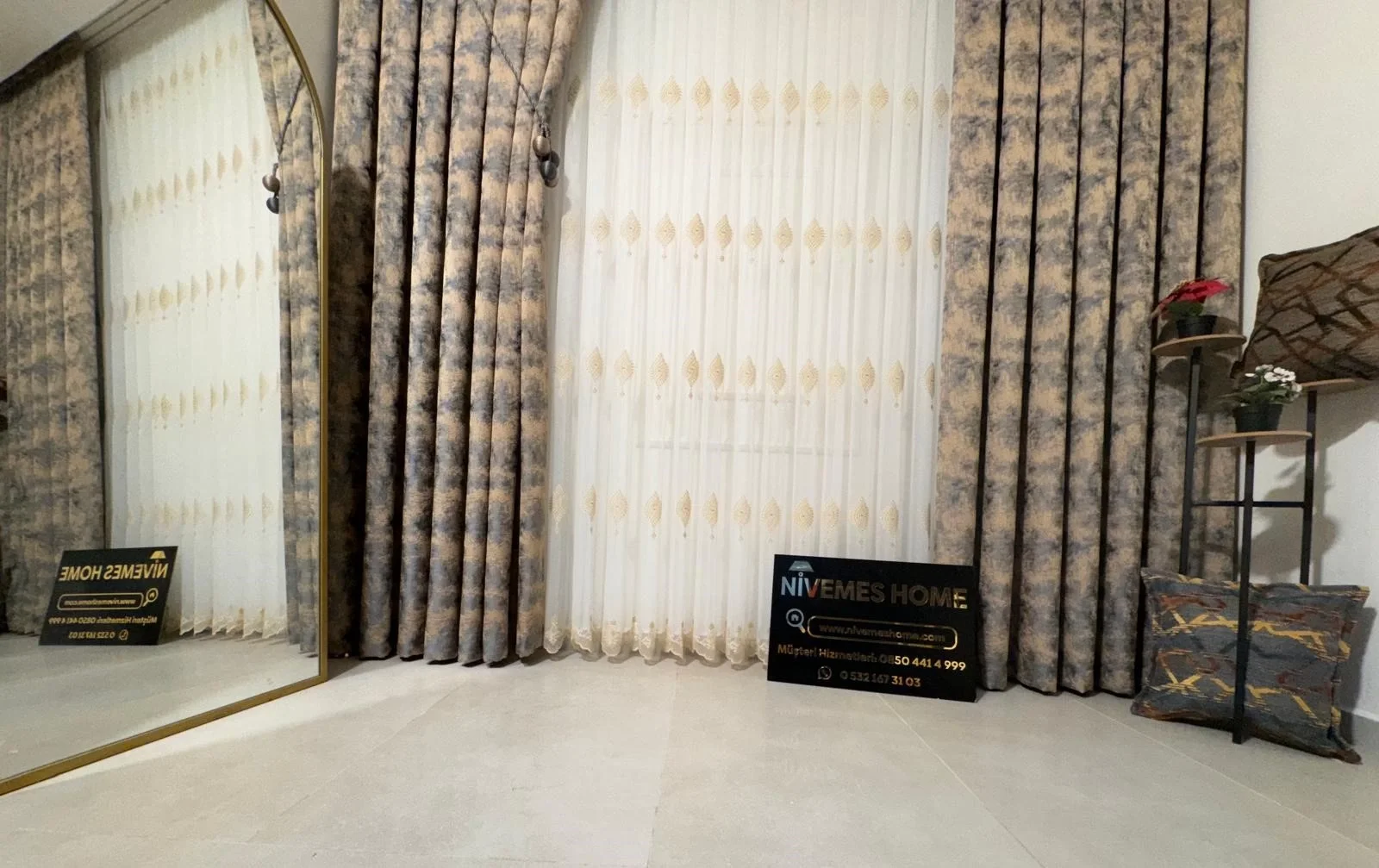 NİVEMESHOME SİNOP 523 V-104 ALTIN İŞLEMELİ 1/3 SIK PİLELİ TÜL PERDE APM