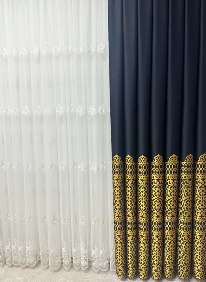 NİVEMESHOME VINTAGE DARK BLUE-GOLD 1/3 HEAVY PILE BACKGROUND CURTAIN APM