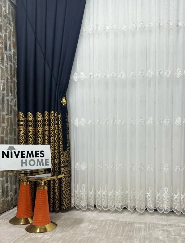NİVEMESHOME VINTAGE DARK BLUE-GOLD 1/3 HEAVY PILE BACKGROUND CURTAIN APM