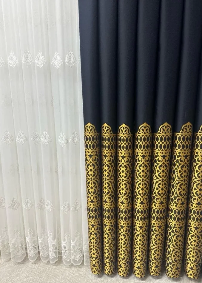 NİVEMESHOME VINTAGE DARK BLUE-GOLD 1/3 HEAVY PILE BACKGROUND CURTAIN APM